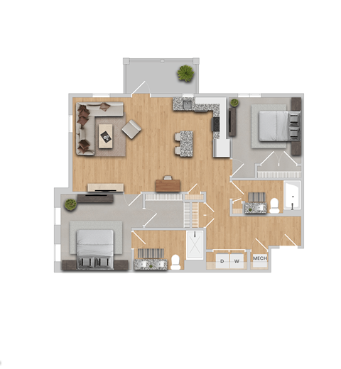 Floor plan for 2 beds, 2 baths, 1177 sqft
